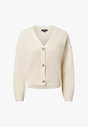 Crèmekleurige gebreide cardigan met een V-hals, vijf knopen en een geribbelde textuur. Beschikt over lange mouwen en een cropped ontwerp.