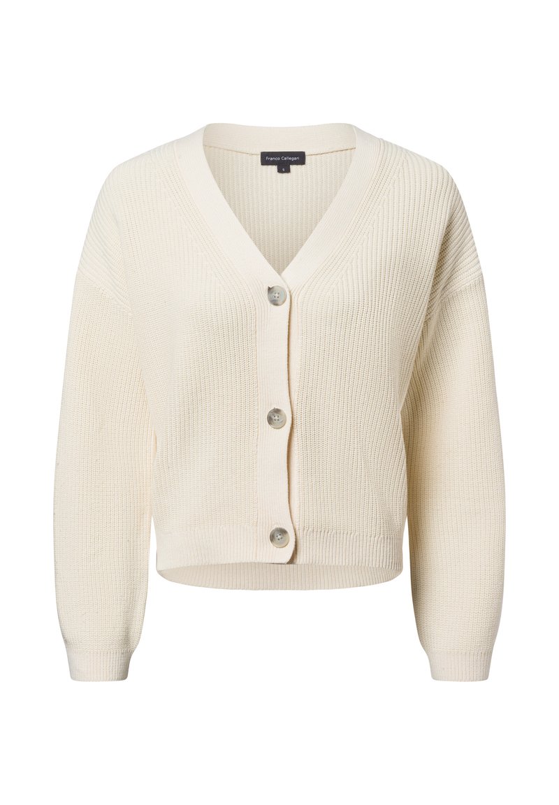 Cremfarbener Strickcardigan mit V-Ausschnitt, fünf Knöpfen und gerippter Textur. Verfügt über lange Ärmel und ein cropped Design.