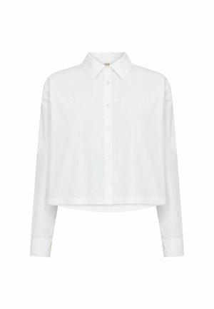 Camisa blanca recortada de manga larga con botones, cuello puntiagudo y dobladillo recto.