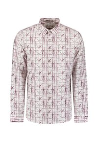 Witte langwerpige blouse met knoopsluiting en een geometrisch bordeaux patroon, een puntkraag en frontale knoopsluiting met metallic accenten.