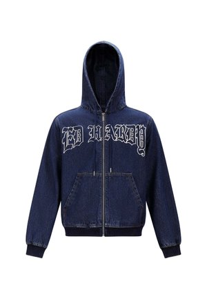 Denim hoodie met een rits, twee voorzakken, een capuchon en witte "ED HARDY" tekst over de borst. Donkerblauwe kleur met een gladde textuur.