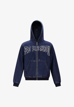 Felpa in denim con chiusura con zip, due tasche frontali, cappuccio e testo bianco "ED HARDY" sul petto. Colore blu scuro con una texture liscia.
