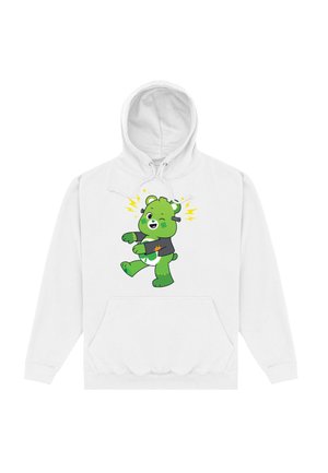 Biała bluza z kapturem z rysunkowym zielonym misiem z czarnymi akcentami oraz kreskówkowymi błyskawicami. Miś przyjmuje zabawną pozę i ma radosny wyraz twarzy.