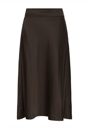 Jupe patineuse en satin marron avec une finition lisse, une ceinture élastique et une coupe au genou, présentant des lignes simples et épurées.