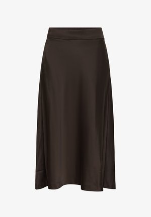 Jupe patineuse en satin marron avec une finition lisse, une ceinture élastique et une coupe au genou, présentant des lignes simples et épurées.