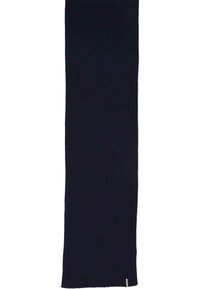 Écharpe en tricot bleu marine foncé avec une texture côtelée, de forme rectangulaire allongée, et un accent de marque subtil à une extrémité.