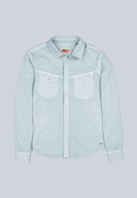 Light blue long-sleeve shirt in cotton fabric, featuring button-down front, two chest pockets with flaps, and subtle texture.