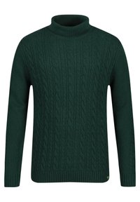 Grüner Kabelstrick-Turtleneck-Pullover mit geripptem Kragen und Bündchen. Verfügt über ein strukturiertes Muster und ein einfarbiges Design.
