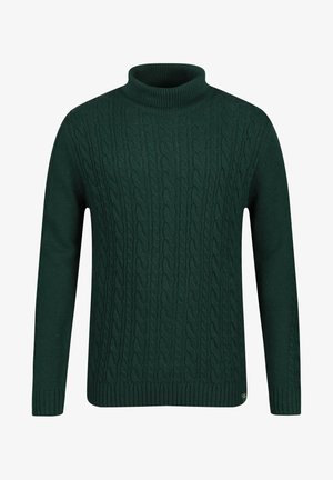 Green cable-knit turtleneck sweater with ribbed collar and cuffs. Features a textured pattern and a solid color design.