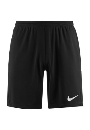 Shorts de sport noirs avec taille élastique et logo Nike en forme de virgule blanche sur la partie inférieure de la jambe droite, présentés sur un fond blanc uni.