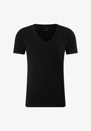 Schwarzes kurzärmeliges V-Ausschnitt-Shirt aus glattem Stoff, figurbetonte Passform, getragen mit schwarzen Slips und Socken, präsentiert an einem stehenden Model.