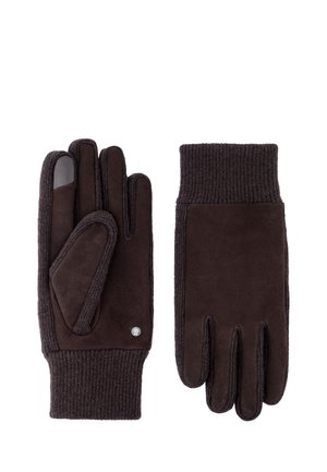 Pair of dark brown winter gloves with ribbed knit cuffs and suede-like fabric, one glove showing touchscreen-compatible index finger.