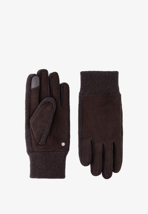 Pair of dark brown winter gloves with ribbed knit cuffs and suede-like fabric, one glove showing touchscreen-compatible index finger.