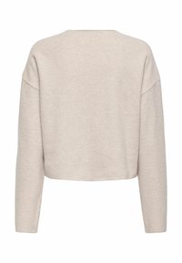Jasno beżowy krótki sweatshirt wykonany z miękkiego materiału. Posiada długie rękawy i szeroki dekolt, o prostej, gładkiej teksturze.