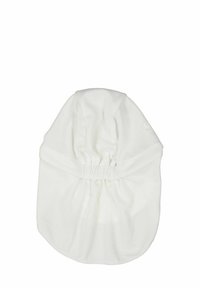 Vitt nätmaterial huvudplagg med en samlad elastisk band vid öppningen. Det har en slät, andningsbar textur och en rundad form.