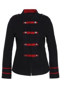 Laivastonsininen sotilaallisessa tyylissä oleva takki punaisilla yksityiskohdilla, jossa on metallinapit, jämäkkä kaulus ja raitapaisat. Valmistettu teksturoidusta kankaasta.