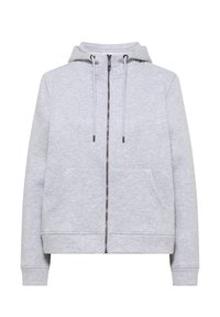 Světle šedá mikina na zip s kapucí a stahovacími šňůrkami, dvěma předními kapsami a manžetami s ribem, vystavená na bílém pozadí.