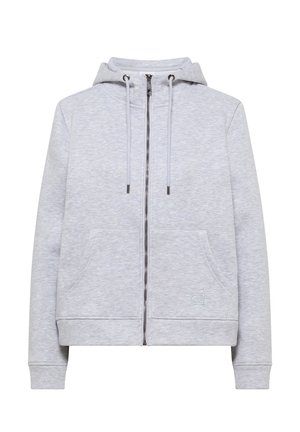 Hellgrauer Reißverschluss-Hoodie mit Kordeln, zwei Fronttaschen und gerippten Bündchen, auf weißem Hintergrund präsentiert.