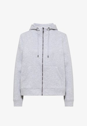 Hellgrauer Reißverschluss-Hoodie mit Kordeln, zwei Fronttaschen und gerippten Bündchen, auf weißem Hintergrund präsentiert.