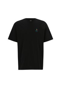 Schwarzes Baumwoll-T-Shirt mit kurzen Ärmeln. Besitzt ein kleines, farbenfrohes gesticktes Design auf der Brust. Klassischer Rundhalsausschnitt und lockere Passform.