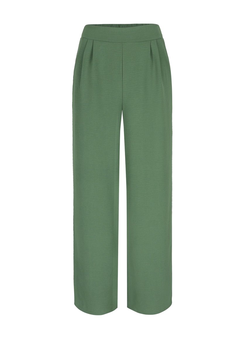 Pantalons larges verts avec une finition texturée, dotés d'une taille plate et de plis sur le devant pour un détail et un confort supplémentaires.