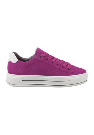 Purple suede sneaker with white leather heel accents, flat white sole, round toe, and matching laces. Features textured surface and stitching details.
