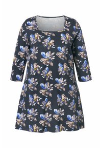 Blumenkleid in dunklem Marineblau mit 3/4-Ärmeln. Es verfügt über einen quadratischen Ausschnitt und einen Rundumdruck von blauen und braunen Blumen auf weichem Stoff.