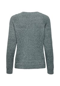 Pulover verde melanj tricotat cu mâneci lungi, guler rotund și manșete cu refileturi, văzut din spate pe un fundal alb.