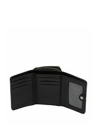 Portefeuille en cuir noir avec plusieurs emplacements pour cartes, une poche transparente pour carte d'identité et un compartiment zippé. Texture lisse et design minimaliste.