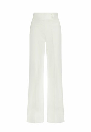 Pantaloni bianchi a gamba larga con vita alta, dotati di due bottoni, tasche frontali e un tessuto liscio e strutturato. Vestibilità su misura.