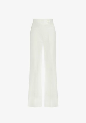 White flared trousers with a high waistband, featuring two buttons, front pockets, and a smooth, textured fabric. Tailored fit.
