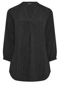 Svart blus med lång ärm och v-halsringning, gjord av lätt tyg, med en avslappnad passform och rynkade ärmslut. Slät textur.