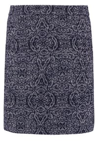 Marinblå kjol med ett texturerat, abstrakt vitt mönster, med en figurnära silhuett och en slät midjevada. Lämplig för vardagsbruk.