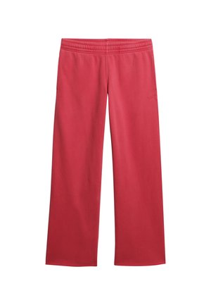 Røde bukser med vidde i benene, elastisk talje og sidelommer, vist fladt på en hvid baggrund.