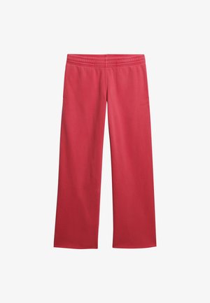 Røde bukser med vidde i benene, elastisk talje og sidelommer, vist fladt på en hvid baggrund.