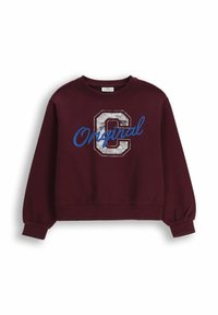 Bordowy krótki sweatshirt z okrągłym dekoltem, z teksturowanym srebnym obrzeżem litery "C" oraz niebieskim tekstem pisanym kursywą "Original."