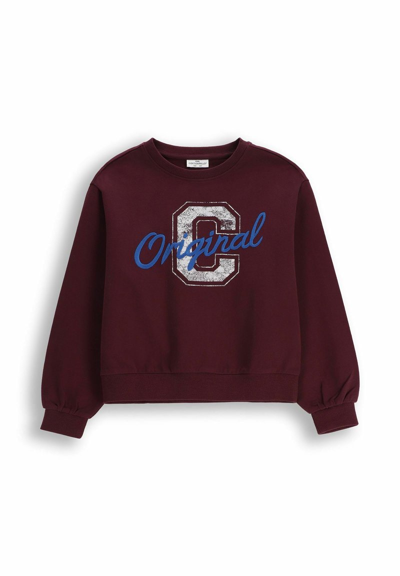 Bordowy krótki sweatshirt z okrągłym dekoltem, z teksturowanym srebnym obrzeżem litery "C" oraz niebieskim tekstem pisanym kursywą "Original."