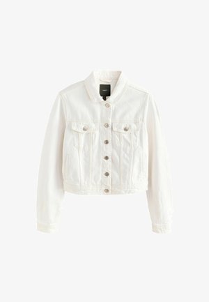 Weißer Denim-Jacke mit einem kragenlosen Design, Knopfleiste, zwei Brusttaschen und einer cropped Passform. Verfügt über silberfarbene Knöpfe und Nähte.