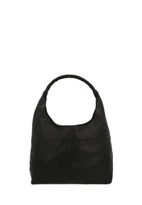 Zwarte leren hobo-tas met een brede opening, gevlochten handvat, een gladde textuur en een minimalistisch ontwerp. Beschikt over twee voorvakjes.