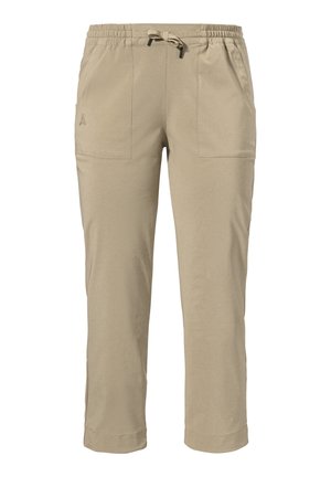 Beige lightweight trousers with an elastic waistband, drawstring, and two front pockets. Smooth texture and cropped length.