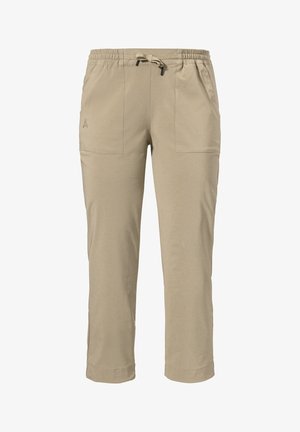 Beige lightweight trousers with an elastic waistband, drawstring, and two front pockets. Smooth texture and cropped length.