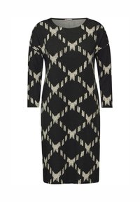 Robe noire à manches trois-quarts, arborant un motif géométrique crème. Fabriquée dans un tissu doux avec un col rond et une coupe droite.