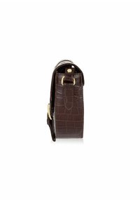 Borsa in pelle marrone con stampa a coccodrillo, dalla forma strutturata, con una fibbia dorata come accento e una tracolla per una facile portabilità.