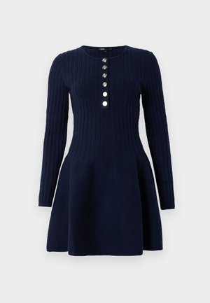 Navy knitted dress with long sleeves, ribbed texture, round neck, and five button placket on the bodice, flared skirt below the waist.