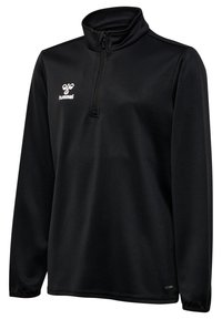 Schwarzer Sportpullover mit langen Ärmeln, Viertelreißverschluss, hohem Kragen, kleinem weißen Logo auf der linken Brust und elastischen Bündchen.