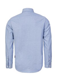 Ljusblå långärmad skjorta av mjukt tyg, med spetsig krage, knappförsedda manschetter och rak bakdesign.