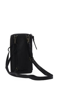 Schwarze Leder-Crossbody-Tasche mit glatter Textur, ausgestattet mit Reißverschlusstaschen und abnehmbarem Tragegurt mit metallischen Akzenten.