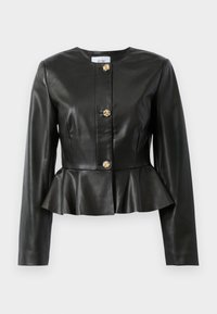 Veste en simili cuir noir avec manches longues, ourlet peplum et trois boutons décoratifs en nœud dorés le long de l'avant.