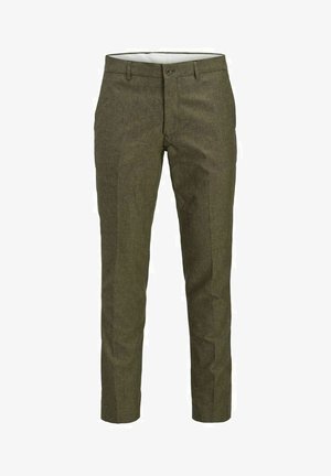 Pantalons vert olive en tissu texturé, avec une coupe ajustée, des poches avant et une taille standard avec une fermeture à bouton.