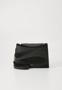 Fekete oldaltáska, bőrből és velúrból készült hullámos textúrával, arany színű fém kiegészítőkkel és levehető pánttal. Látható márkajelzés.